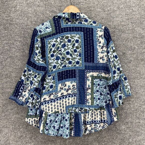 Cato Shirt Women L Large Blue Floral Button Up Collared 3/4 Sleeve Rayon Casual - Picture 2 of 9